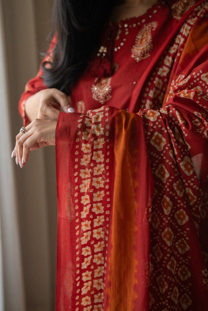 Suhani Batik Cotton Suit- Red