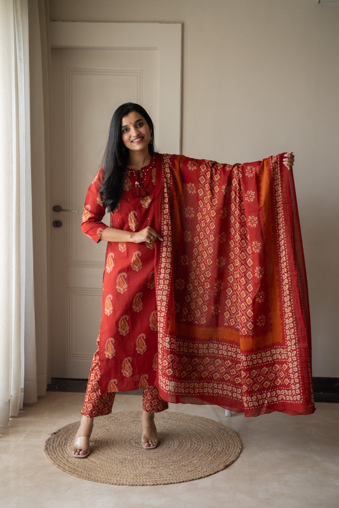 Suhani Batik Cotton Suit- Red