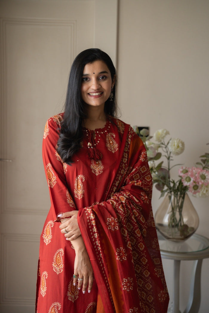Suhani Batik Cotton Suit- Red