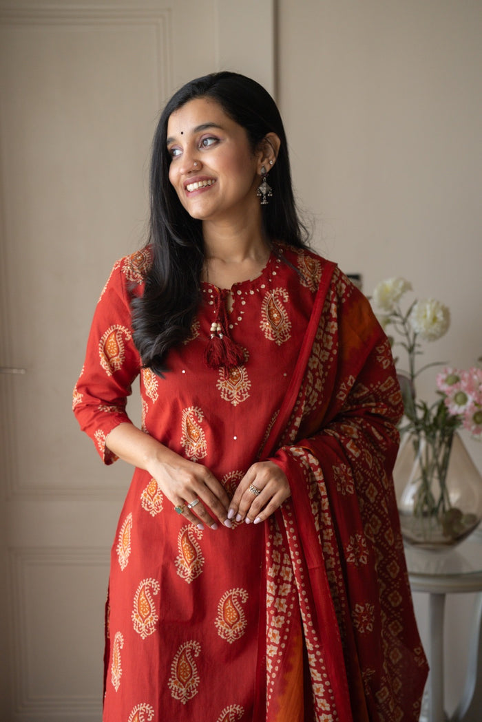 Suhani Batik Cotton Suit- Red