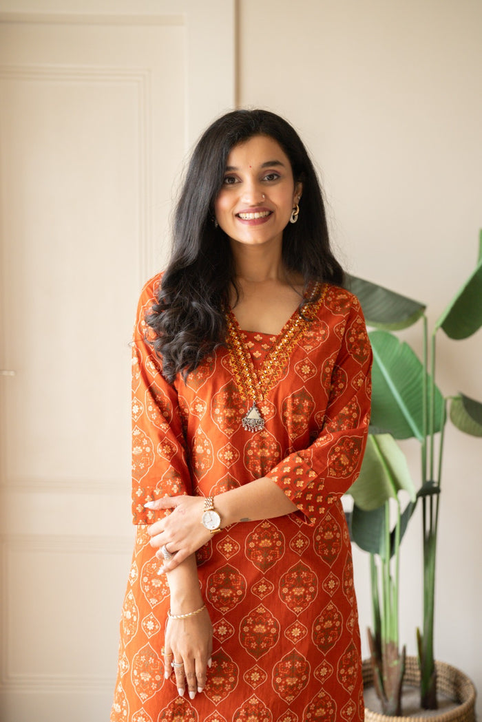 Suryana Cotton Suit- Orange Mehrab