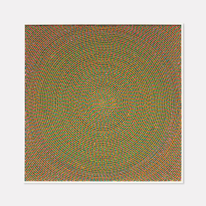 The artwork 'Swirl Pop' by Lori Kirkbride features a mesmerizing concentric circular pattern radiating from a central point, executed in vibrant orange and teal hues. The hypnotic spiral design creates an optical illusion of movement across the square panel, showcasing intricate details in acrylic polymer and resin. 33.5 x 33.5 inches.