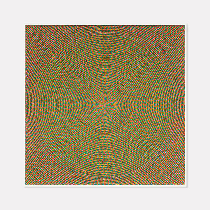 The artwork 'Swirl Pop' by Lori Kirkbride features a mesmerizing concentric circular pattern radiating from a central point, executed in vibrant orange and teal hues. The hypnotic spiral design creates an optical illusion of movement across the square panel, showcasing intricate details in acrylic polymer and resin. 33.5 x 33.5 inches.