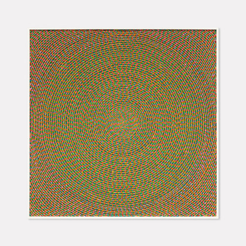 The artwork 'Swirl Pop' by Lori Kirkbride features a mesmerizing concentric circular pattern radiating from a central point, executed in vibrant orange and teal hues. The hypnotic spiral design creates an optical illusion of movement across the square panel, showcasing intricate details in acrylic polymer and resin. 33.5 x 33.5 inches.