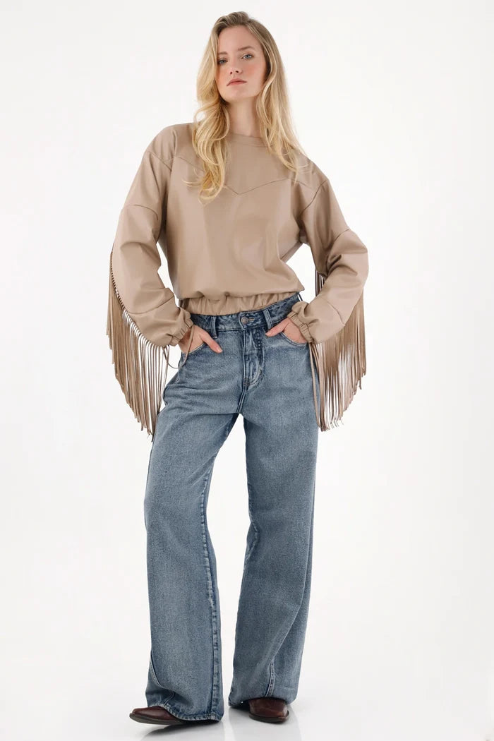 Synthetic Leather Sweatshirt with Brown Fringes for Women