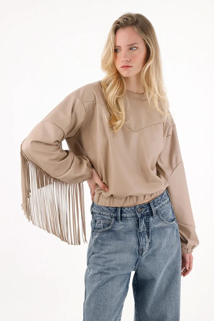 Synthetic Leather Sweatshirt with Brown Fringes for Women