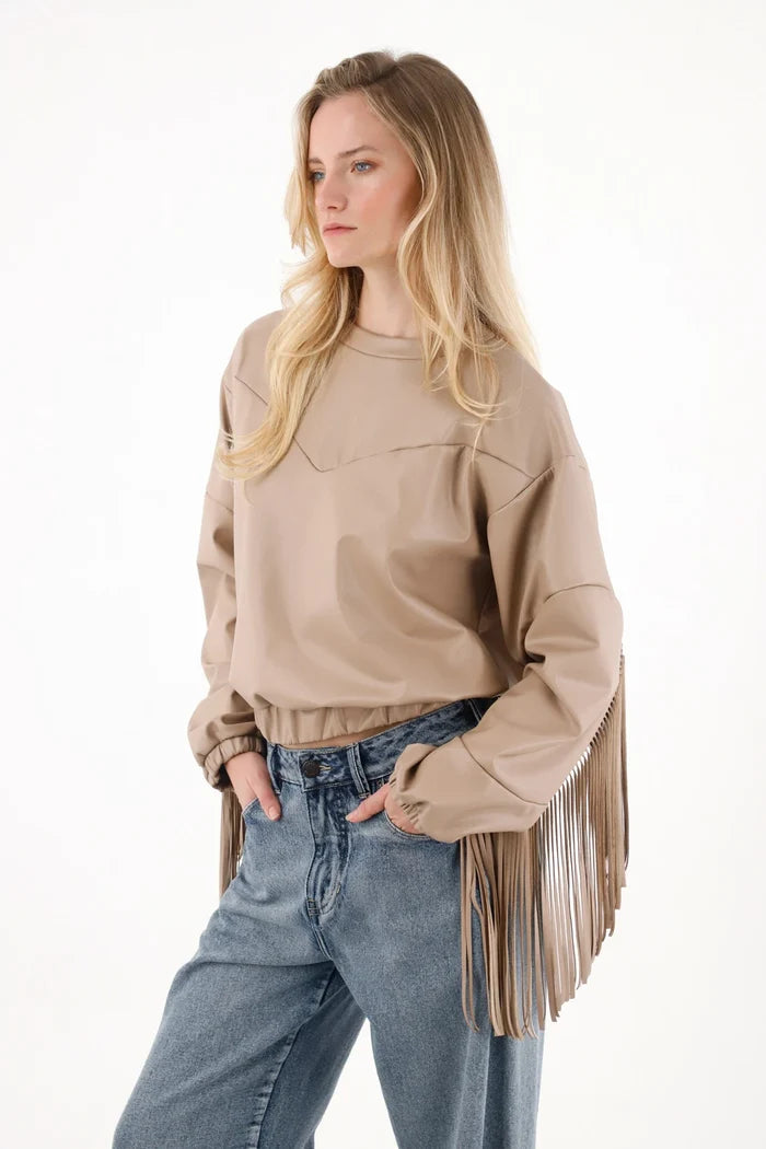 Synthetic Leather Sweatshirt with Brown Fringes for Women