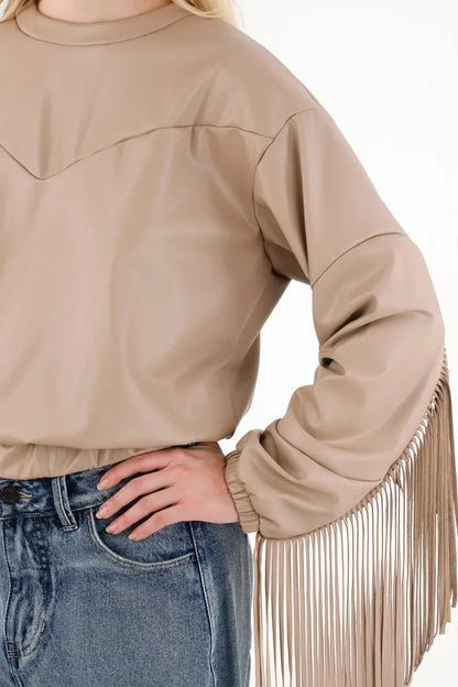 Synthetic Leather Sweatshirt with Brown Fringes for Women