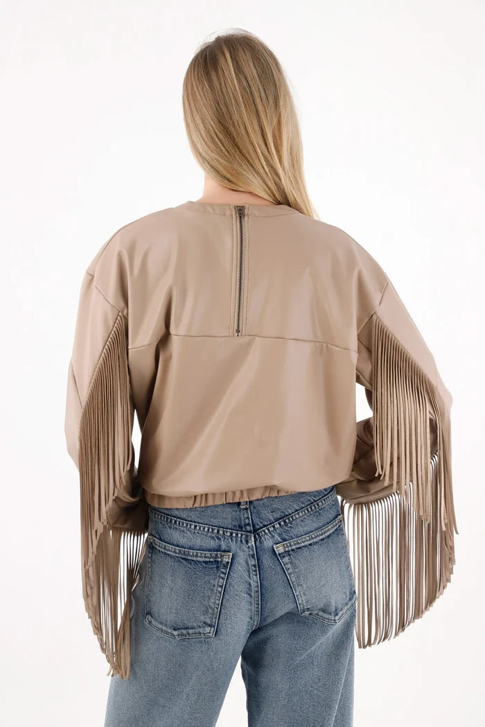 Synthetic Leather Sweatshirt with Brown Fringes for Women