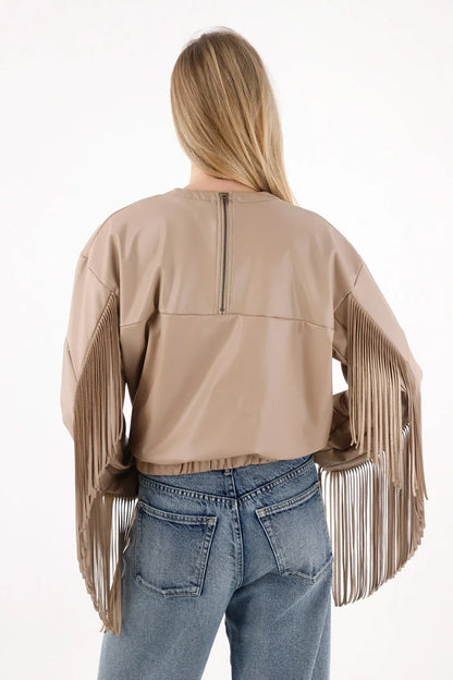Synthetic Leather Sweatshirt with Brown Fringes for Women