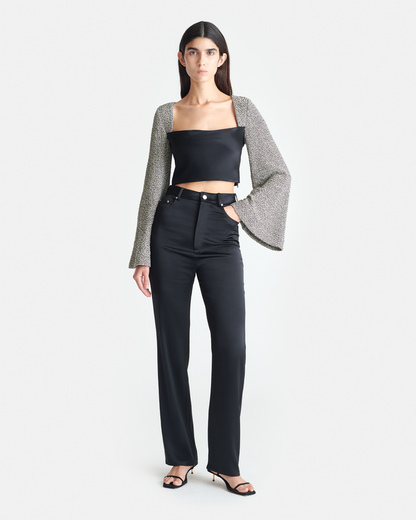 Tasula - Slip Satin and Loopback Cotton Top - Black/Mouline