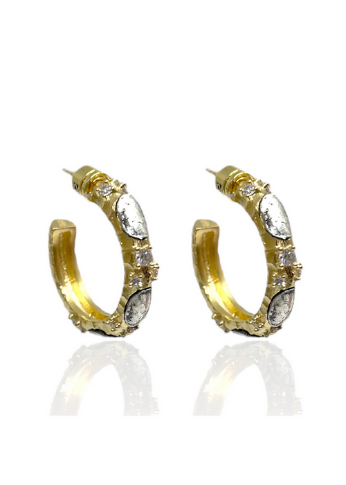 Gold hoop earrings with CZ and silver coin details on a white background