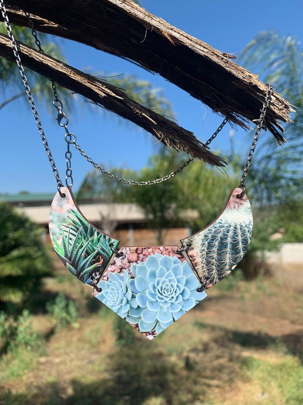 Terrarium plant pendant necklace with glass house shape, laser-cut and made in USA