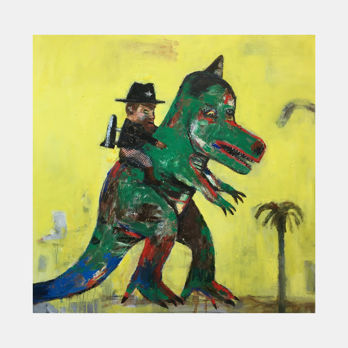 The artwork 'The Gorga-Saur' by Andrew Chan features a whimsical acrylic painting depicting a person in dark attire riding a vibrant green dinosaur creature against a bright yellow background. The dinosaur has red and blue accents, sharp claws, and expressive features. A palm tree silhouette adds tropical flair. The 32x32 inch canvas showcases a playful, contemporary style with bold brushstrokes and dynamic composition.
