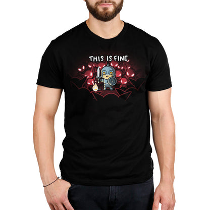 Premium Cotton T-shirt_Teeturtle This is Fine black t-shirt featuring a knight in armor standing with a sword and shield next to a small fire, surrounded by red-eyed creatures. Text above reads "THIS IS FINE."