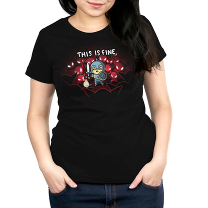 Premium Cotton T-shirt_Teeturtle This is Fine black t-shirt featuring a knight in armor standing with a sword and shield next to a small fire, surrounded by red-eyed creatures. Text above reads "THIS IS FINE."