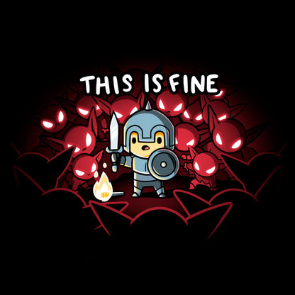 Classic Cotton T-shirt_TeeTurtle This is Fine black t-shirt featuring a knight in armor standing with a sword and shield next to a small fire, surrounded by red-eyed creatures. Text above reads "THIS IS FINE."