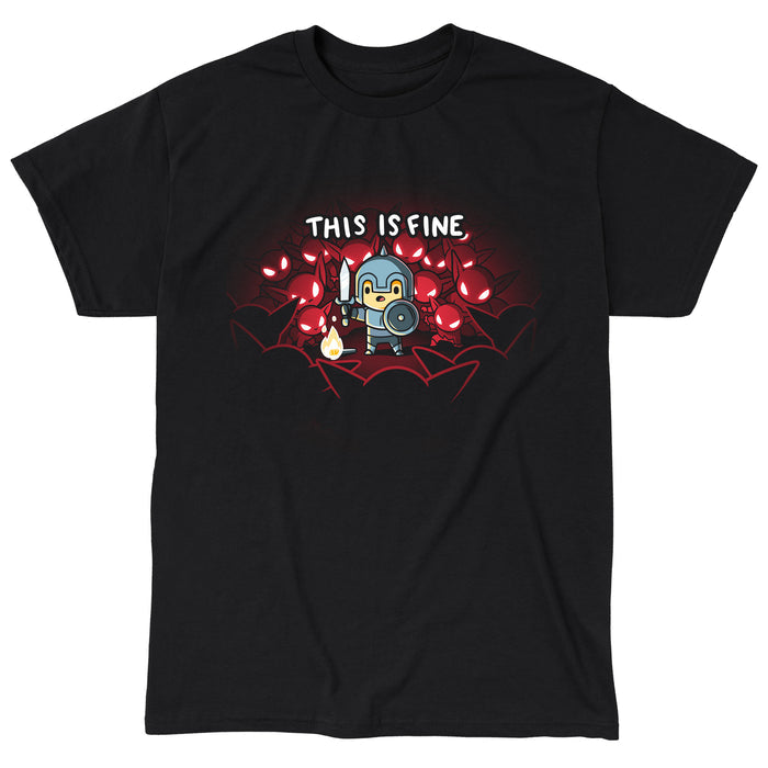 Classic Cotton T-shirt_TeeTurtle This is Fine black t-shirt featuring a knight in armor standing with a sword and shield next to a small fire, surrounded by red-eyed creatures. Text above reads "THIS IS FINE."