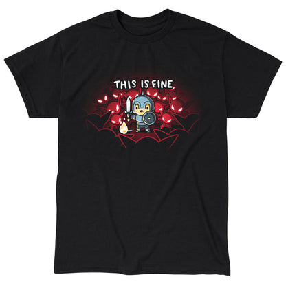 Classic Cotton T-shirt_TeeTurtle This is Fine black t-shirt featuring a knight in armor standing with a sword and shield next to a small fire, surrounded by red-eyed creatures. Text above reads "THIS IS FINE."