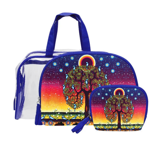 Tree of Life Cosmetic Bag Set featuring durable bags with vibrant artwork by artist James Jacko.