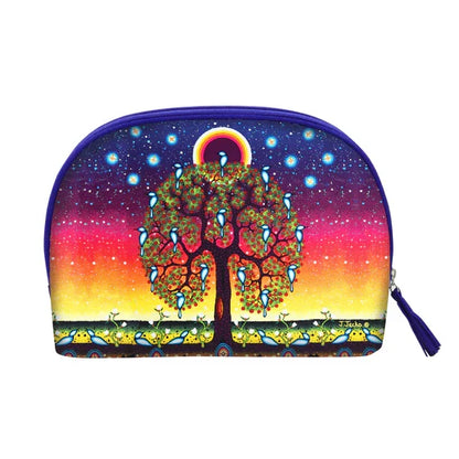 Colorful pouch with a tree design on a white background