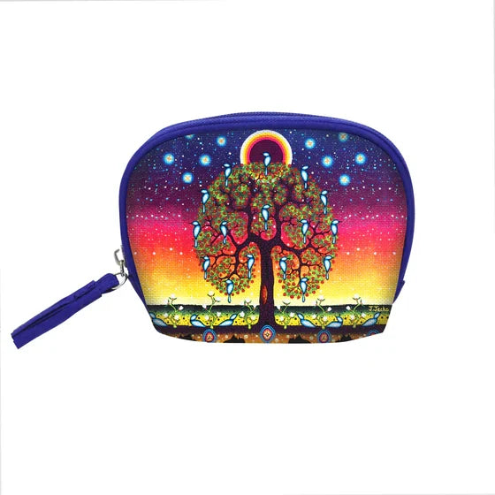 Colorful pouch with a tree design on a white background