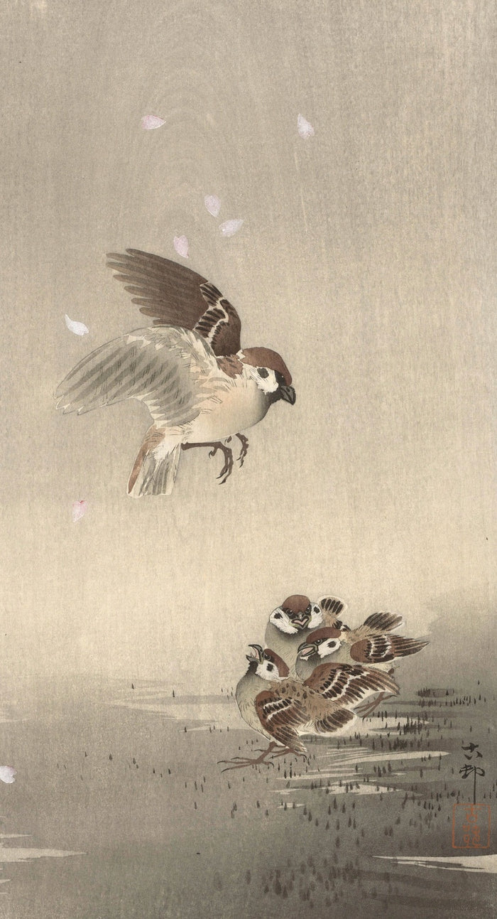 Tree sparrow with young by Ohara Koson, 1900