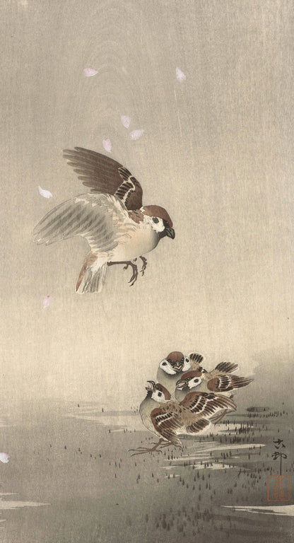 Tree sparrow with young by Ohara Koson, 1900
