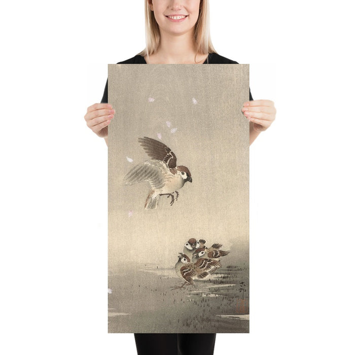 Tree sparrow with young by Ohara Koson, 1900