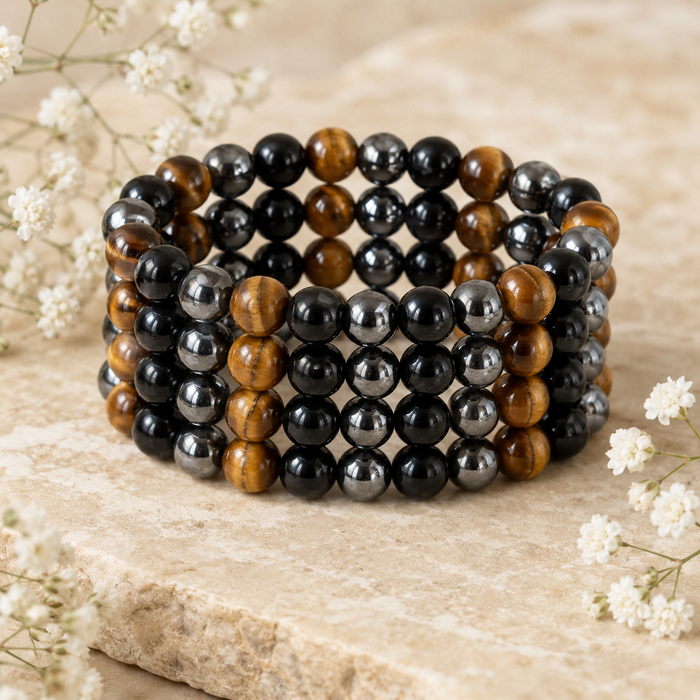 TRIPLE PROTECTION Crystal Bracelet (Tiger Eye, Black Obsidian, Hematite)