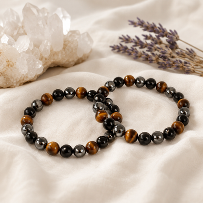 TRIPLE PROTECTION Crystal Bracelet (Tiger Eye, Black Obsidian, Hematite)