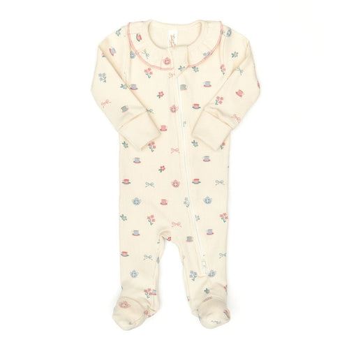Tun Tun Ruffle Double Way Zip Ribbed Footie in Tea Cups