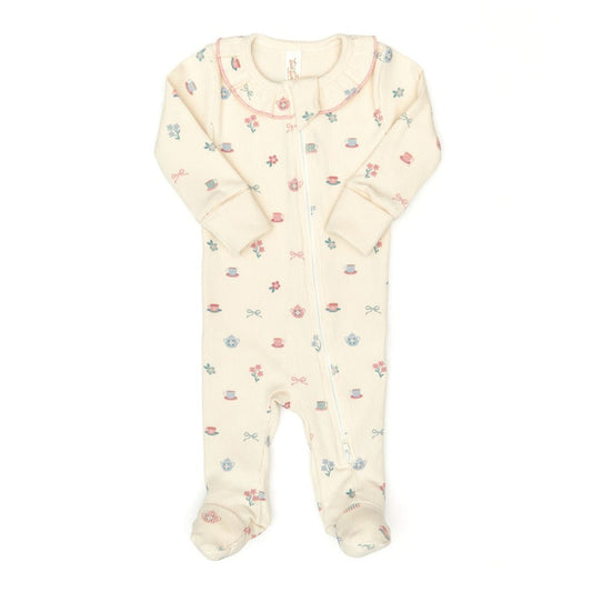 Tun Tun Ruffle Double Way Zip Ribbed Footie in Tea Cups
