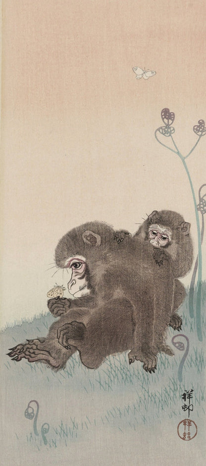 Two Monkeys with Butterfly by Ohara Koson, 1900