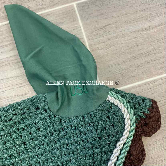 USG by KL Select Fly Veil Ear Bonnet, Dark Green/Ecru/Brown Size Full, Brand New