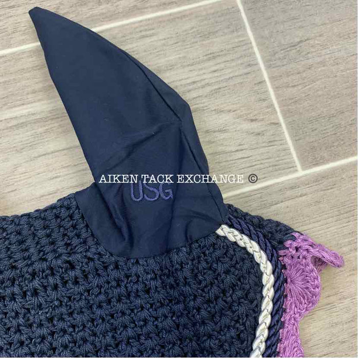 USG by KL Select Fly Veil Ear Bonnet, Navy/Lilac, Size Pony/Cob, Brand New