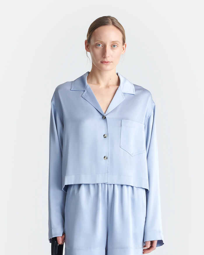 Vally - Cropped Slip Satin Shirt - Ice Blue