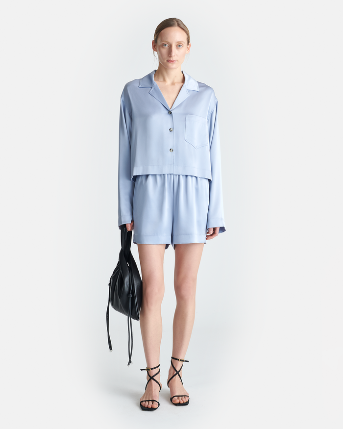 Vally - Cropped Slip Satin Shirt - Ice Blue
