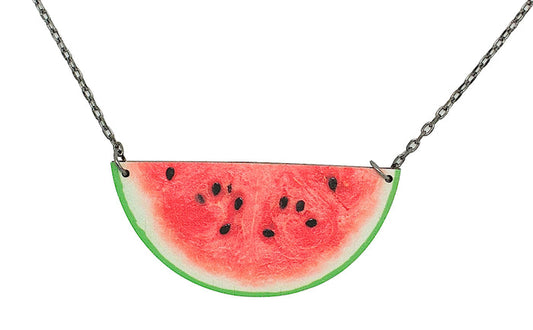 Watermelon slice pendant necklace with seed detail, laser-cut and made in USA