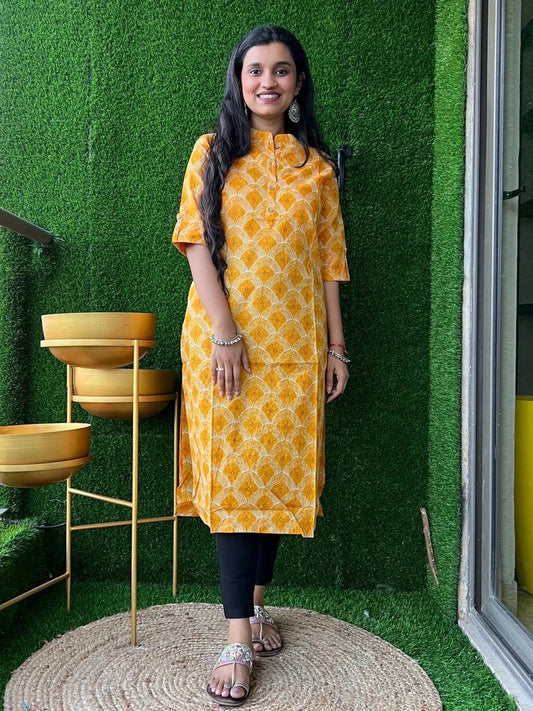 Weekend Cotton Kurta- Yellow Fan