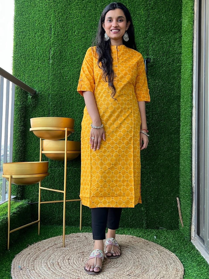 Weekend Cotton Kurta- Yellow Squares