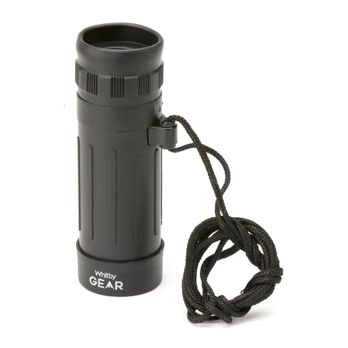 Whitby Gear Pocket Monocular 8x21 shown upright with its lanyard attachment on a white background