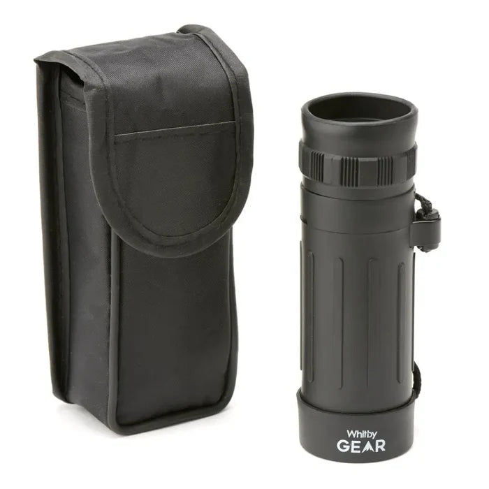 Whitby Gear Pocket Monocular 8x21 shown upright with its carry case on a white background
