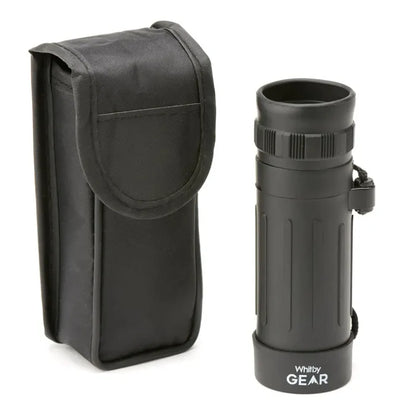 Whitby Gear Pocket Monocular 8x21 shown upright with its carry case on a white background