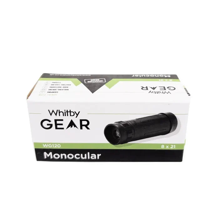 Packaging front for Whitby Gear Pocket Monocular on a white background