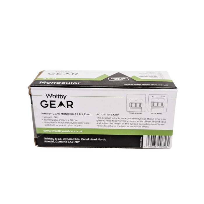 Packaging reverse for Whitby Gear Pocket Monocular on a white background
