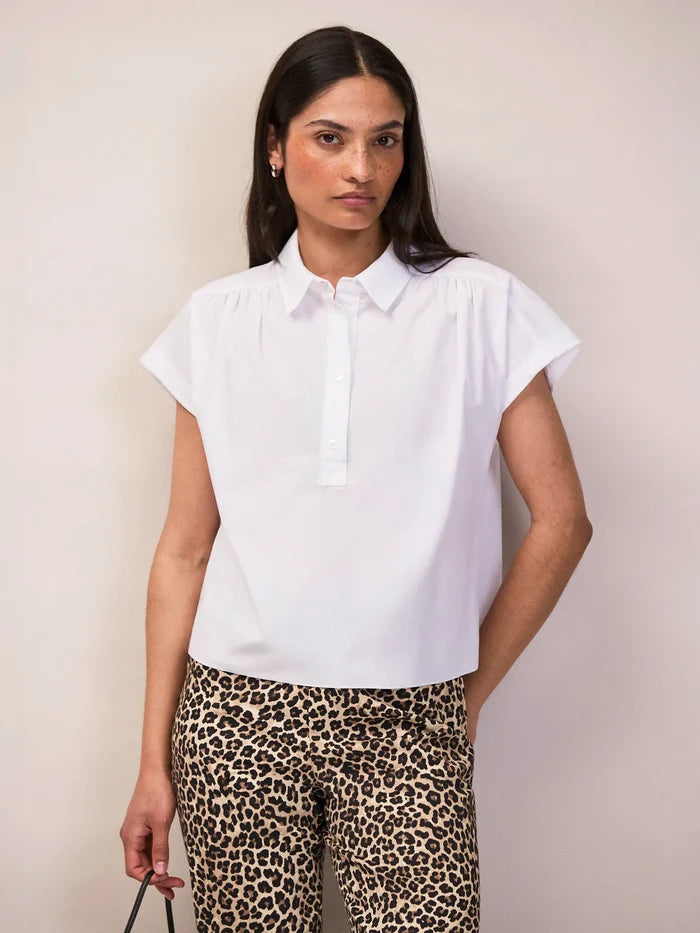 White Cotton Poplin Gathered Shoulder Shirt