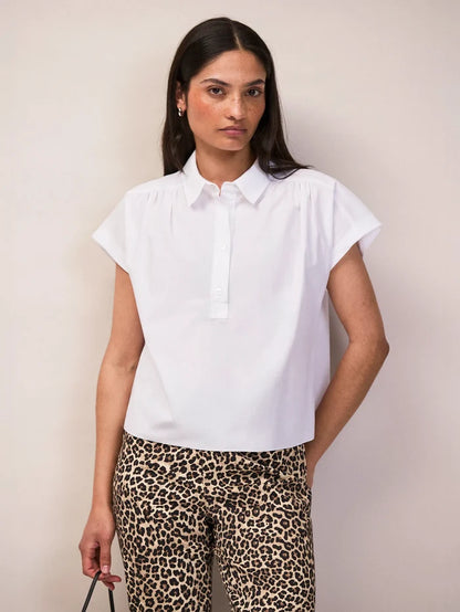 White Cotton Poplin Gathered Shoulder Shirt