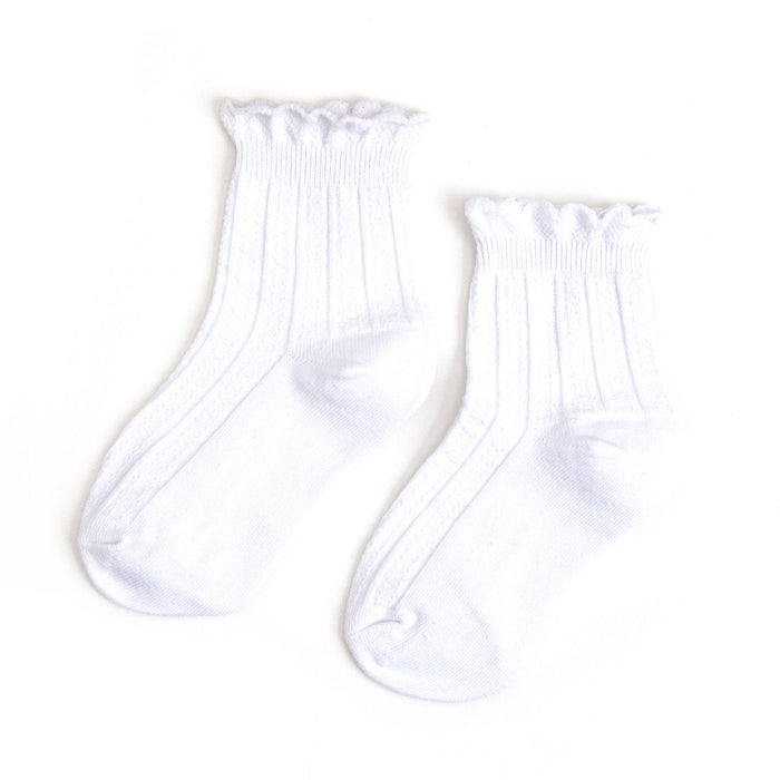 The White Frill Midi Socks by Little Stocking Co. feature a ribbed texture, scalloped frill trim cuffs, and are made from soft cotton, shown on a plain white background.