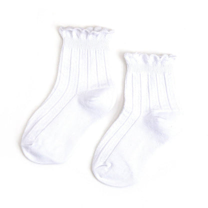 The White Frill Midi Socks by Little Stocking Co. feature a ribbed texture, scalloped frill trim cuffs, and are made from soft cotton, shown on a plain white background.